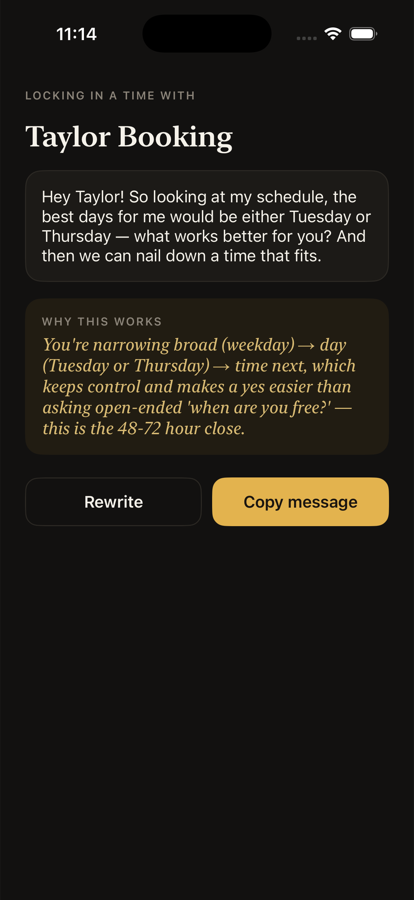 A crafted booking message with a coaching note explaining why the phrasing works