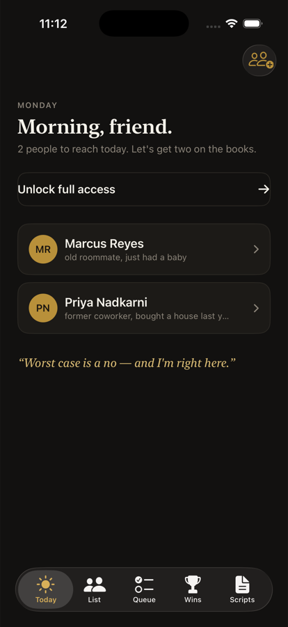 Reapwell's Today screen, showing two contacts to reach and a coaching prompt