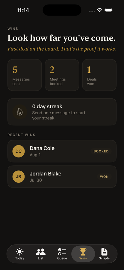 The Wins screen, showing messages sent, meetings booked, deals won, and a streak